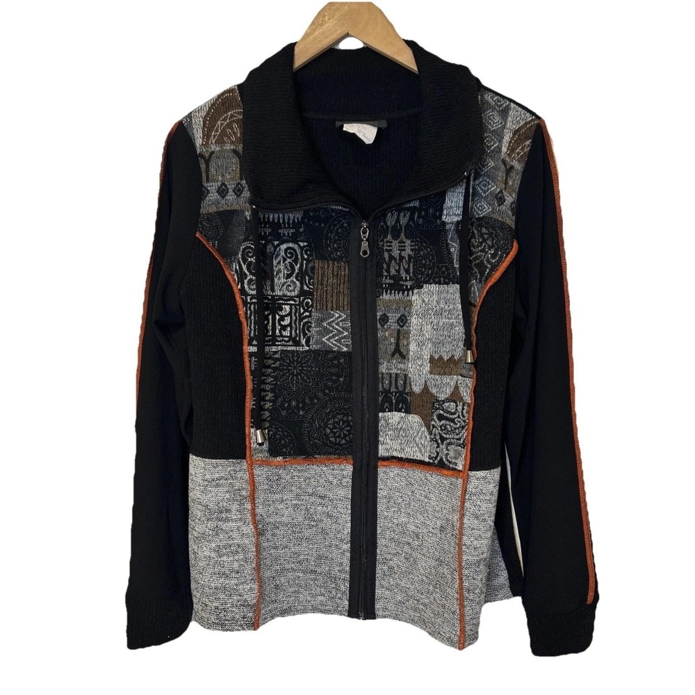 Bali Full Zip Jacket Women 1X Black Patchwork Mixed Media Ribbed Canada - Picture 2 of 8